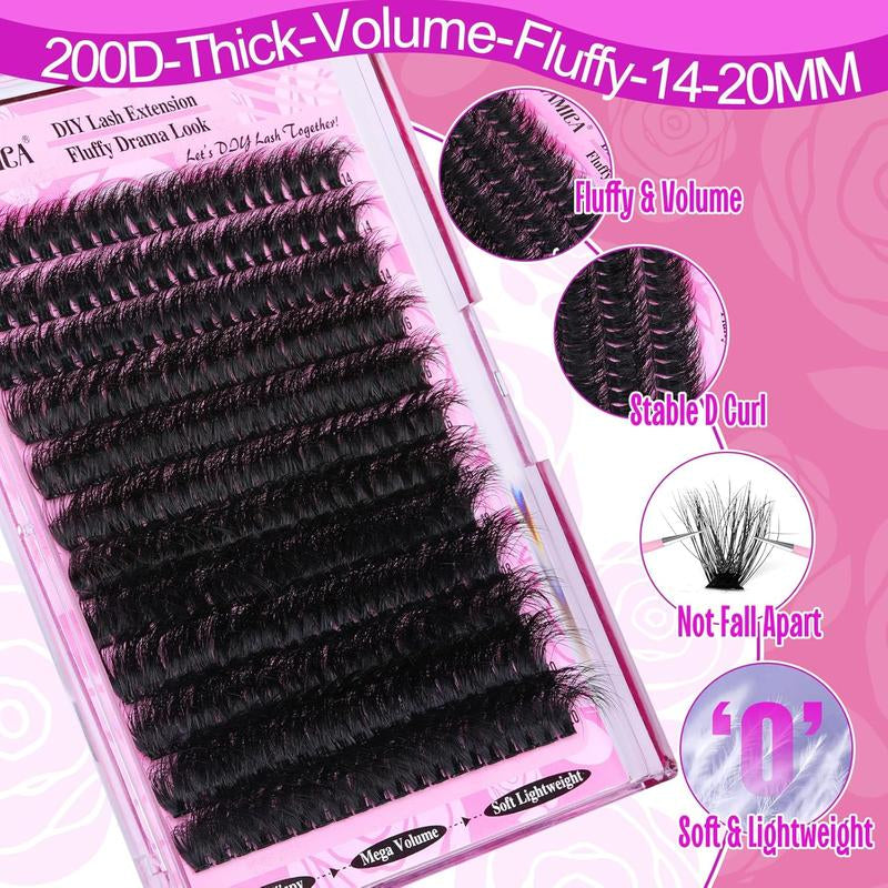 [Limited Time Sale] Fluffy Lash Clusters Thick 200D Volume Eyelash Clusters 14-20Mm Wispy Individual Lashes D Curl Cluster Eyelash Extensions Makeup Pack